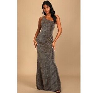 Lulu’s Win Me Over Black and Gold One-Shoulder Maxi Dress M